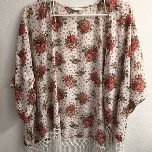 Floral fringed kimono